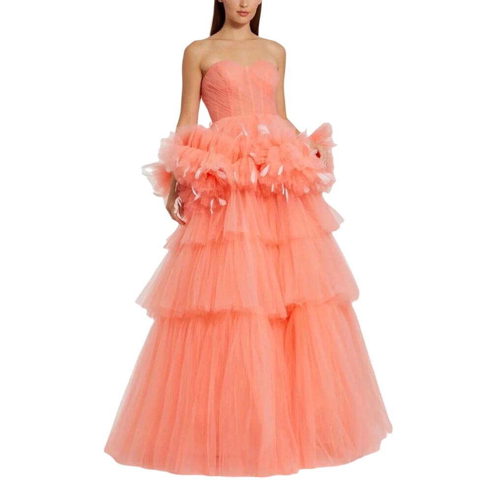 Mac Duggal 20572 Coral Pink Ball Gown Strapless Tulle Ruffle Feather Dress Sz 8